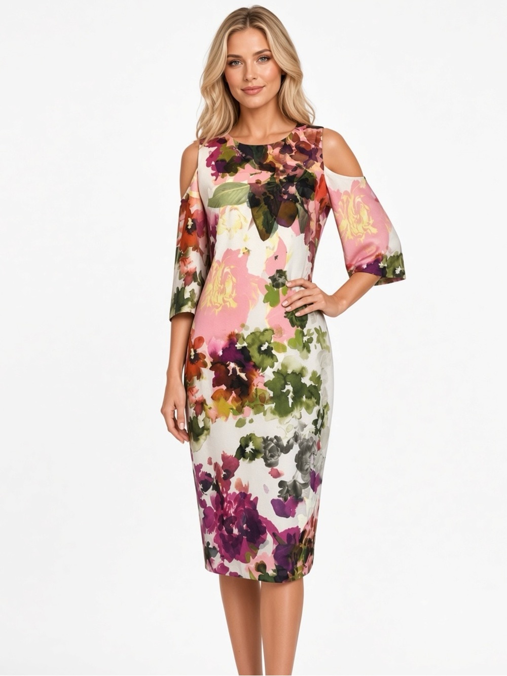 Jax black label size 10 pink purple
Floral-Print Cold-Shoulder Sheath Dress